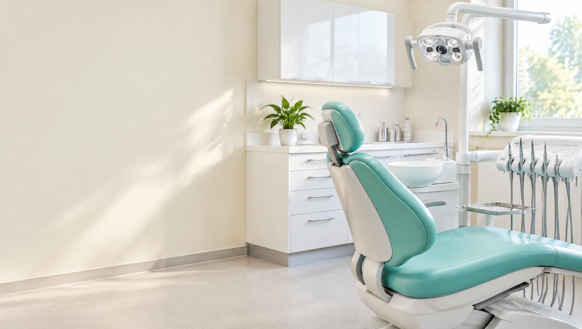 Imagen ilustrativa de un box dental con sillón turquesa
